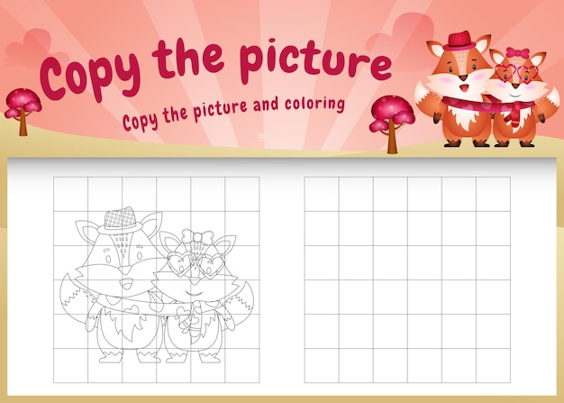 발렌타인 의상을 사용하여 귀여운 여우와 함께 그림 키즈 게임 및 색칠 공부 페이지를 복사하십시오.
