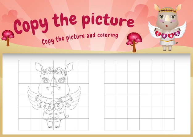 발렌타인 의상을 사용하여 귀여운 코뿔소로 그림 어린이 게임 및 색칠 공부 페이지를 복사하십시오.