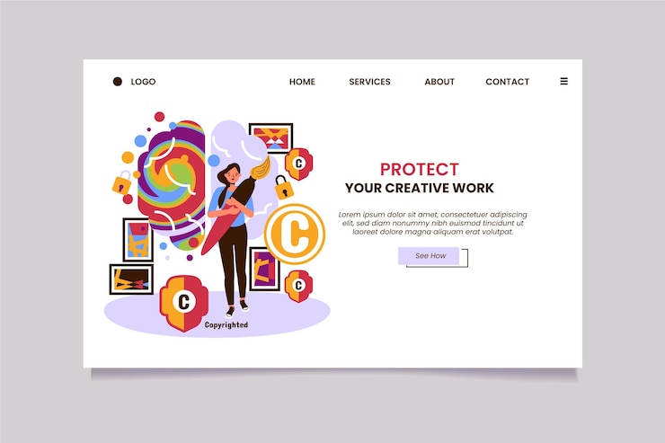 Free Vector copyright landing page template with woman and brush