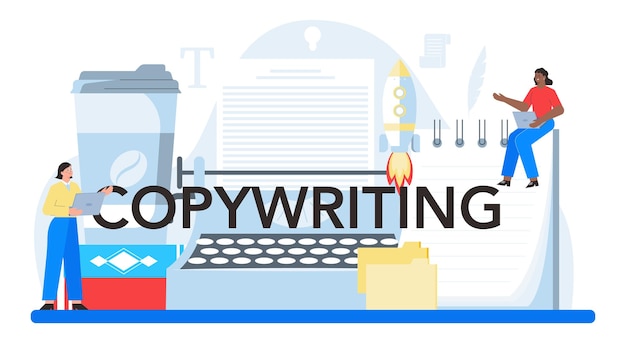 Intestazione tipografica copywriting scrittura e progettazione di testi idea di creatività e promozione trovare informazioni e creare contenuti di valore illustrazione piatta vettoriale