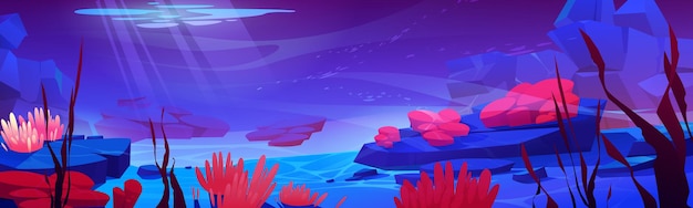 Бесплатное векторное изображение Коралловый риф океана или моря подводный фон. дно с песком и водорослями растут у скал под падающим сверху солнечным лучом. морская сцена, подводная тропическая жизнь, векторные иллюстрации шаржа