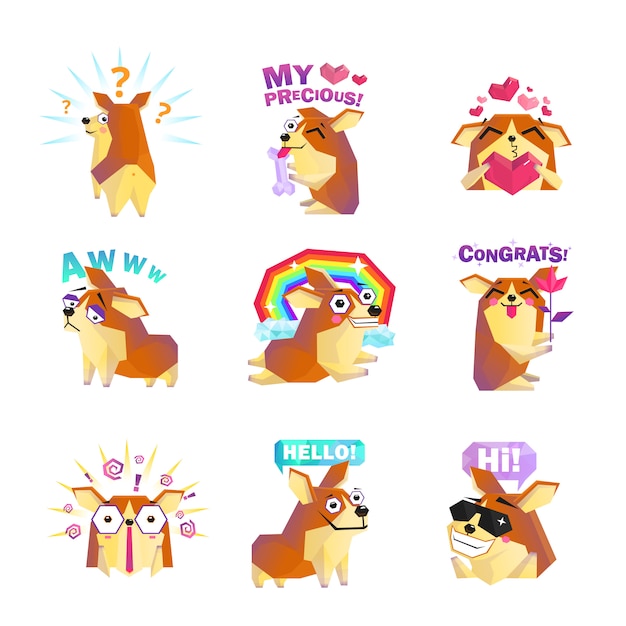 Vettore gratuito raccolta delle icone del messaggio del fumetto del cane di corgi