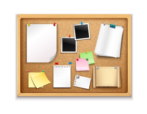 Free vector cork board with pinned paper notepad sheets and photos realistic