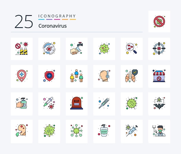 Coronavirus 25 line filled icon pack, включая промывку пузырей коронавирусной инфекции