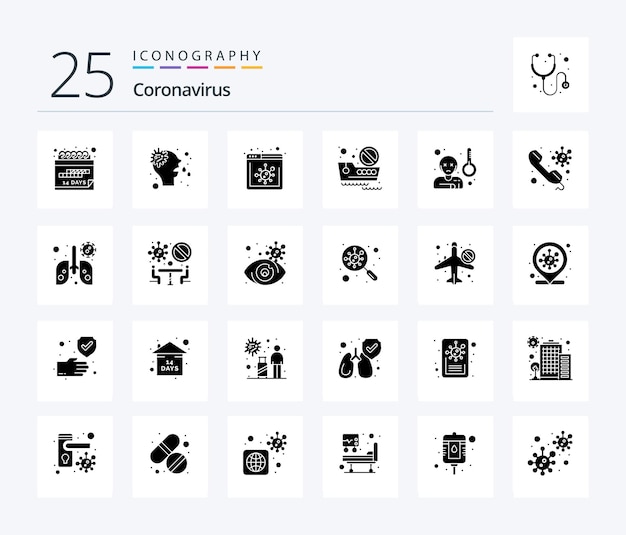 Coronavirus 25 solid glyph icon pack including virus travel browser ship banned travel