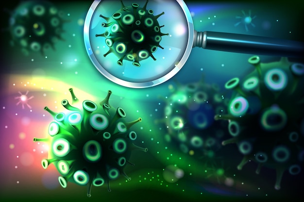 Coronavirus cell look through a magnifying glass background