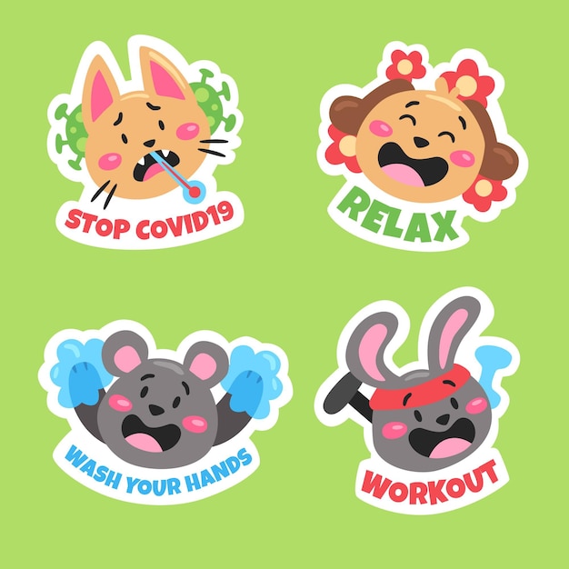 Free vector coronavirus concept stickers with cute animals