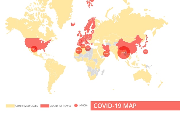 Vettore gratuito mappa dei continenti del coronavirus