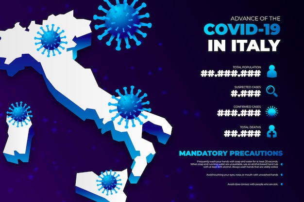 Vettore gratuito mappa di coronavirus per paese infografica per l'italia