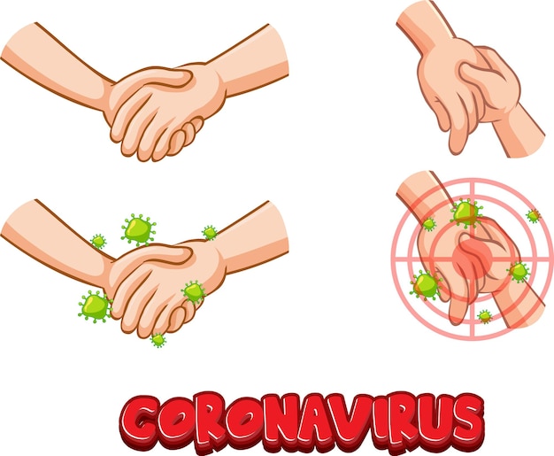 Progettazione di caratteri di coronavirus con diffusione di virus da strette di mano su bianco