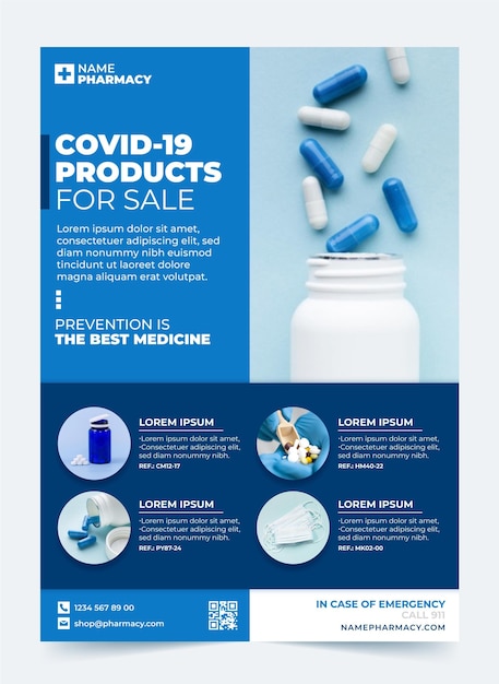 Free vector coronavirus medical products flyer template with photo