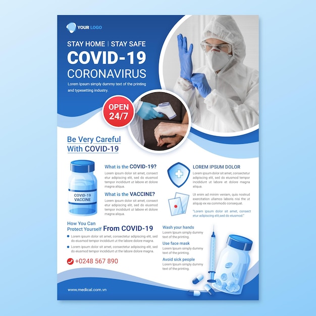 Free vector coronavirus medical products flyer template with photo