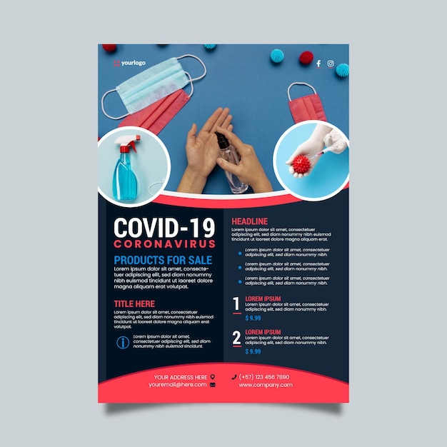 Free vector coronavirus medical products poster template with photo