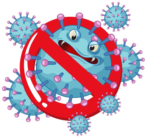 Коронавирусный дизайн плаката с вирусной клеткой и стоп-сигналом