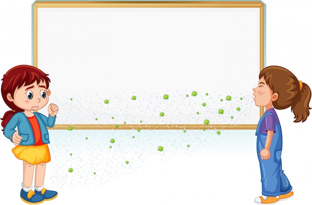 Coronavirus theme with two girls and many virus cells