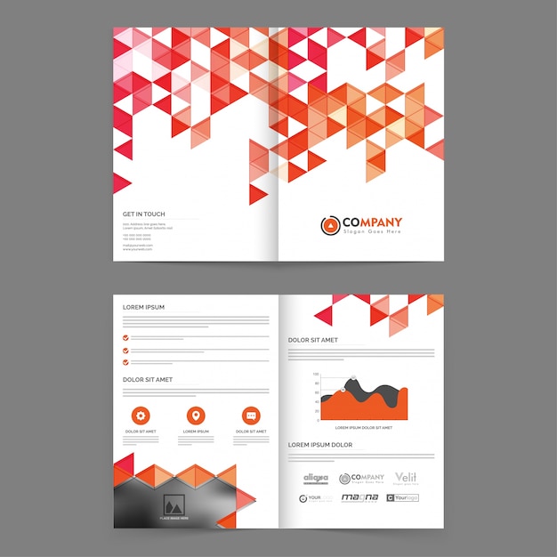 Corporate business annual report brochure design, professional template presentation with abstract triangular shapes, statistical graph and space for image.