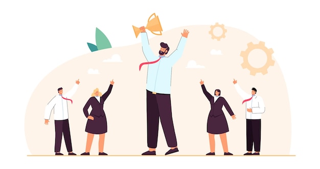 Free vector corporate business team of tiny winners celebrating victory. male leader holding gold cup for best work, happy people laughing flat vector illustration. teamwork, achievement, celebration concept