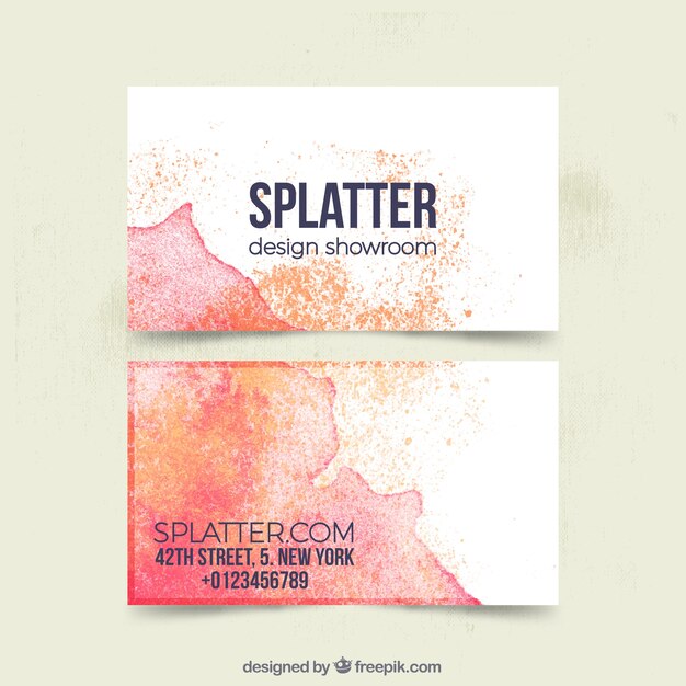 Corporate card with orange and red watercolor stains