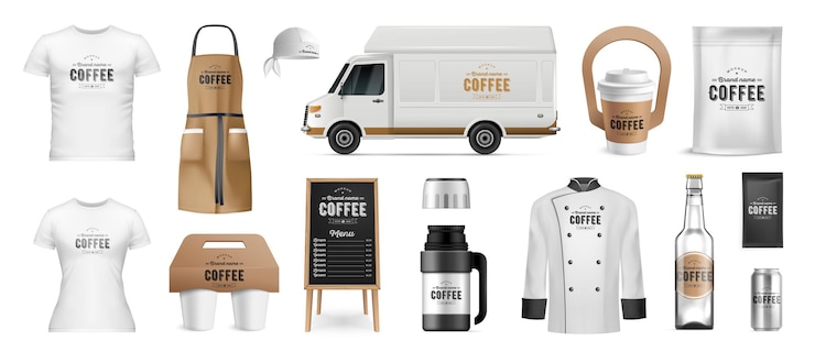 Free Vector corporate identity mockup for coffee shop realistic set with cups van bottle uniform isolated vector illustration