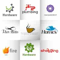 Free vector corporate logo design template bundle  fire coffee shop real estate plumbing salon logo element