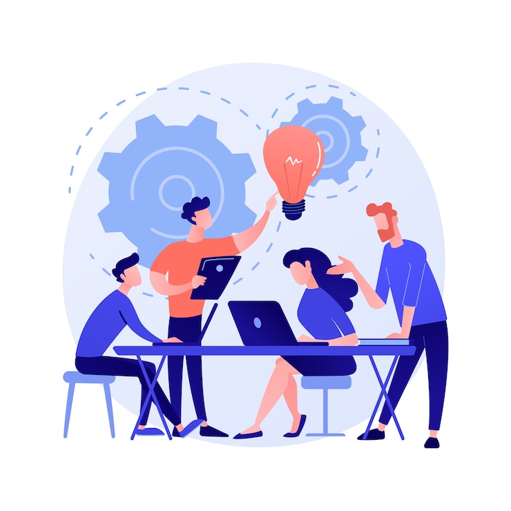 मुफ़्त वेक्टर corporate meeting. employees cartoon characters discussing business strategy and planning further actions. brainstorming, formal communication, seminar concept illustration
