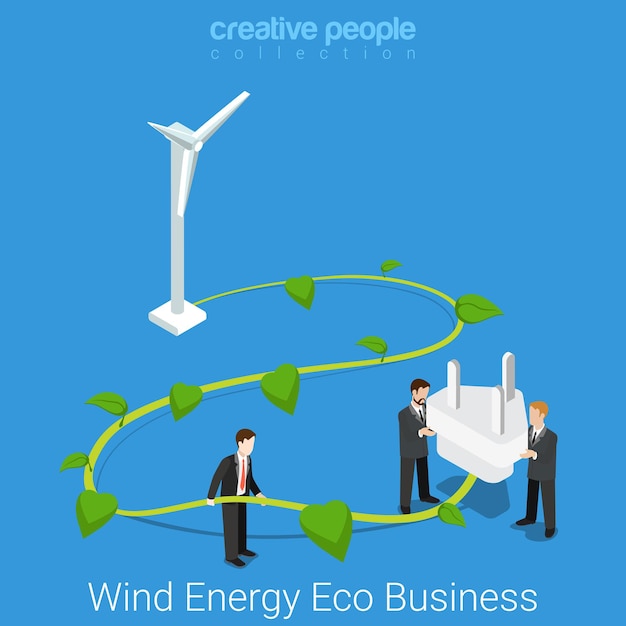 Corporate social responsibility. Flat isometric wind energy eco business concept  Big wind turbine plant stem and power outlet plug.