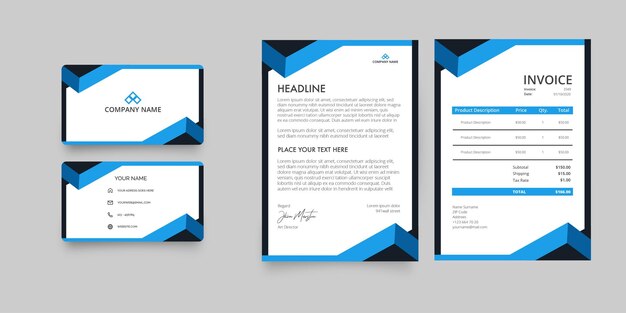 corporative stationery with blue shapes