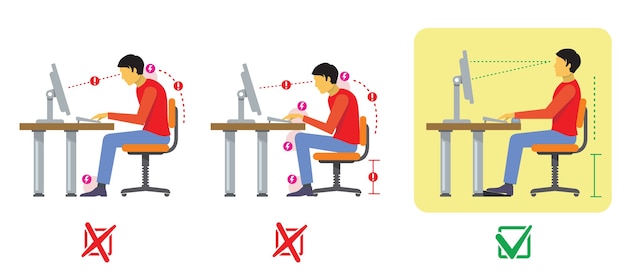 Correct and bad spine sitting posture. vector diagram in flat style. correct spine, bad position, correct and bad sit illustration