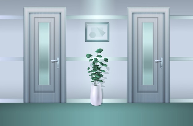 Free vector corridor with doors realistic composition with front view of room lobby glossy doors and house plant vector illustration