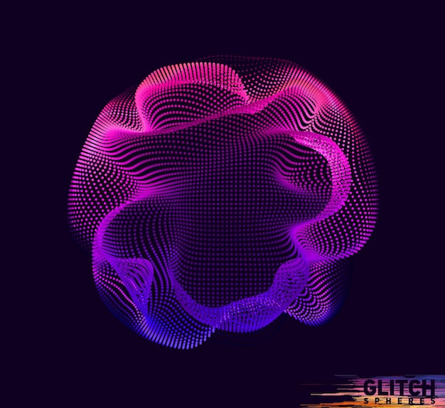 Corrupted violet point sphere. Abstract colorful mesh on black