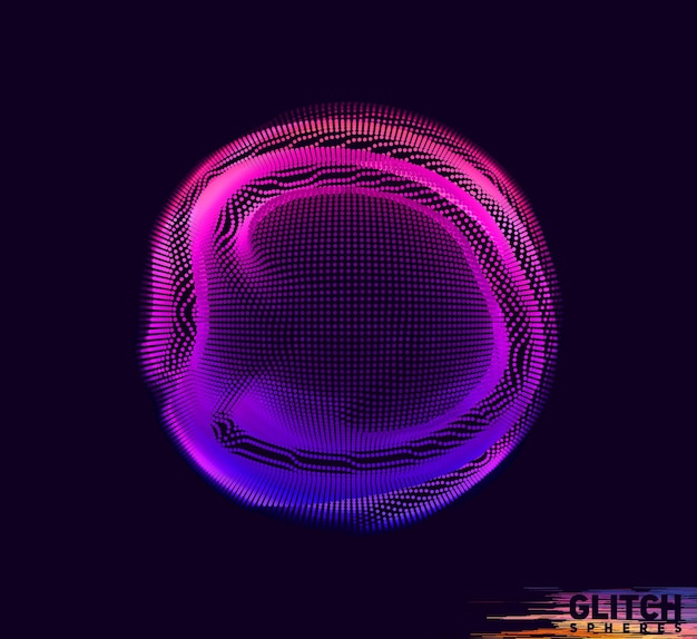 Поврежденная фиолетовая сфера. Абстрактная красочная сетка на черном