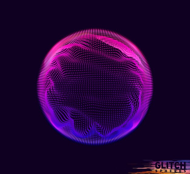Corrupted violet point sphere. Abstract colorful mesh on dark background.