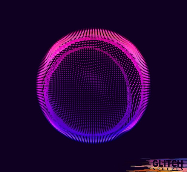 Corrupted violet point sphere. Abstract colorful mesh on dark background