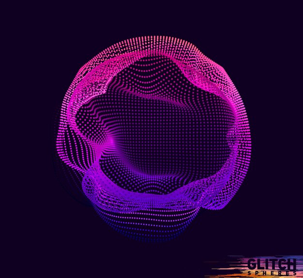 Corrupted violet point sphere. Abstract colorful mesh on dark background.