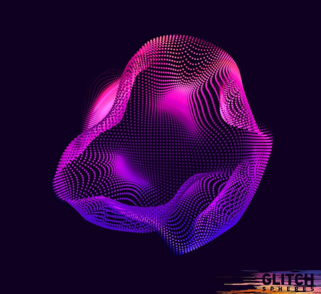 Corrupted violet point sphere. Abstract colorful mesh on dark
