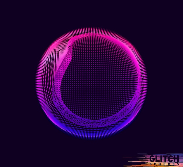 Поврежденная фиолетовая сфера. абстрактная красочная сетка на черном