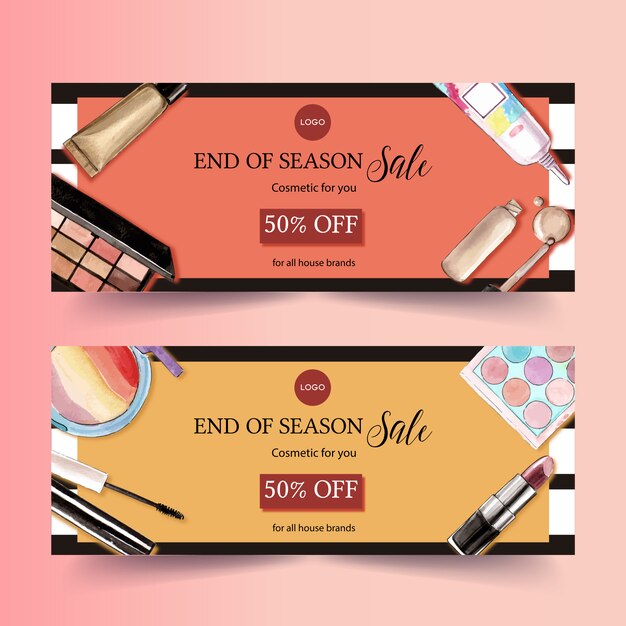 Cosmetic banner design with mascara, lipstick, highlighter 