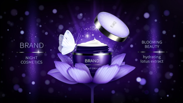 Cosmetic banner with realistic purple open jar for skin care cream on lotus