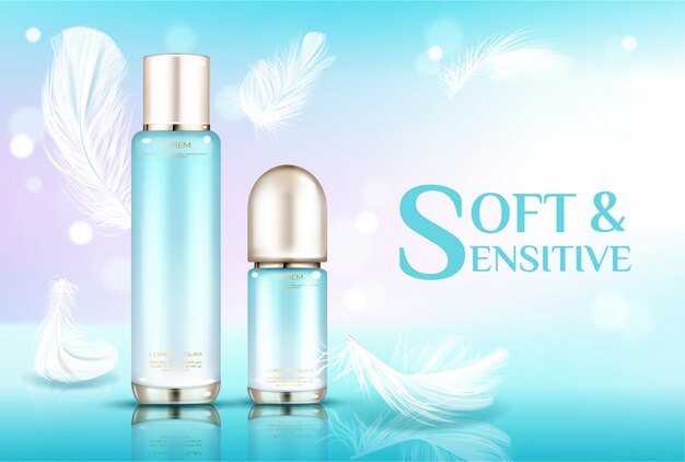 Cosmetic bottles, beauty cosmetics product tubes with gold caps for hair or skin soft care on light blue