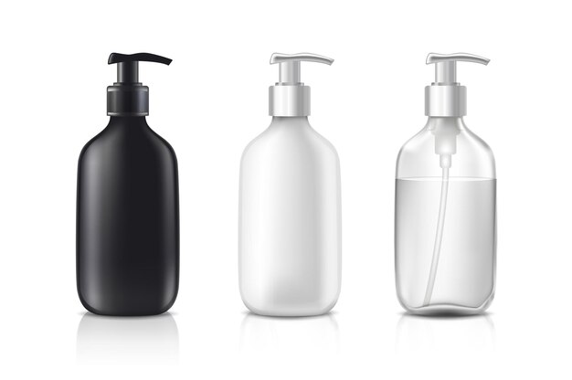 cosmetic bottles in black white and transparent glass