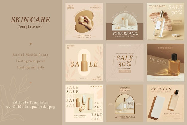 Free vector cosmetic business template vector set for social media post