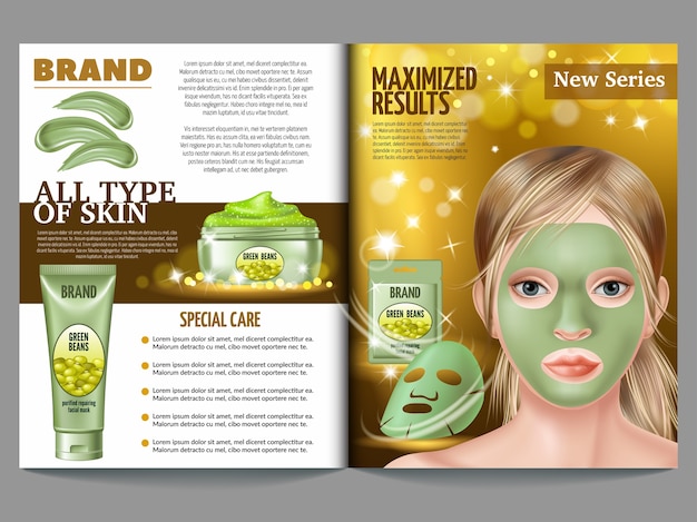 Cosmetic magazine, green beans mask, cream, scrub