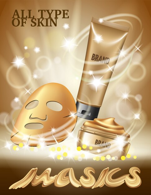 Cosmetic magazine template, golden mask and scrub