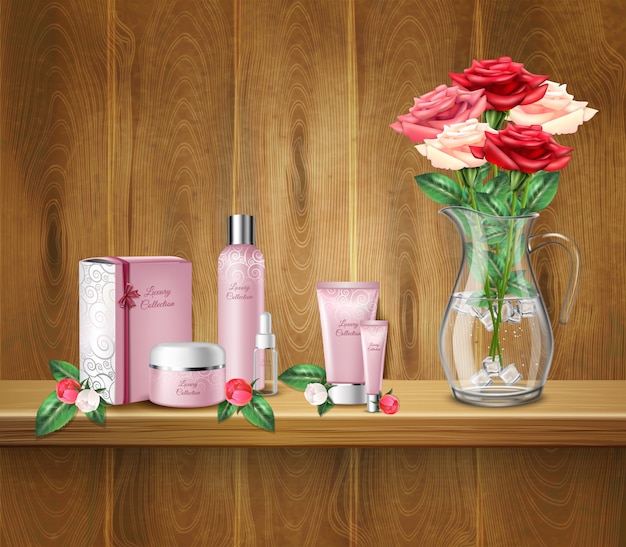 Cosmetic products and vase with roses on shelf