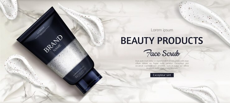Free Vector cosmetic scrub bottle, beauty cosmetics product for face care on marble 