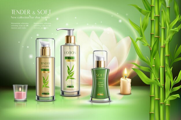 Cosmetics advertising skin softening beauty balm creme moisturizer sprays dispensers aromatic candles bamboo stalks realistic composition