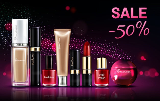 Cosmetics beauty products for makeup sale banner with glowing neon background and pink sparkles