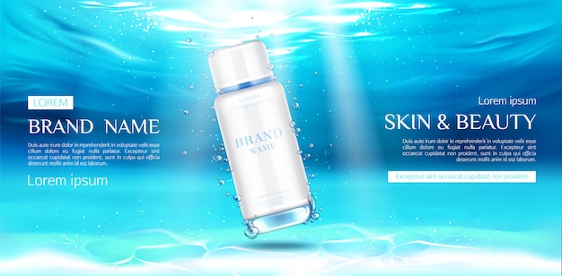 Cosmetics bottle advertising on underwater surface