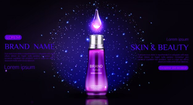 Cosmetics bottle banner with glowing falling drop