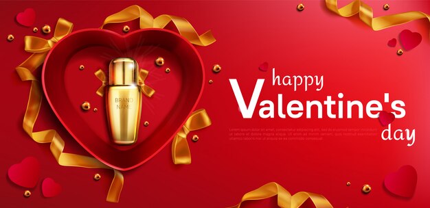 Бутылка косметики для Дня святого Валентина в сердечной коробке баннер